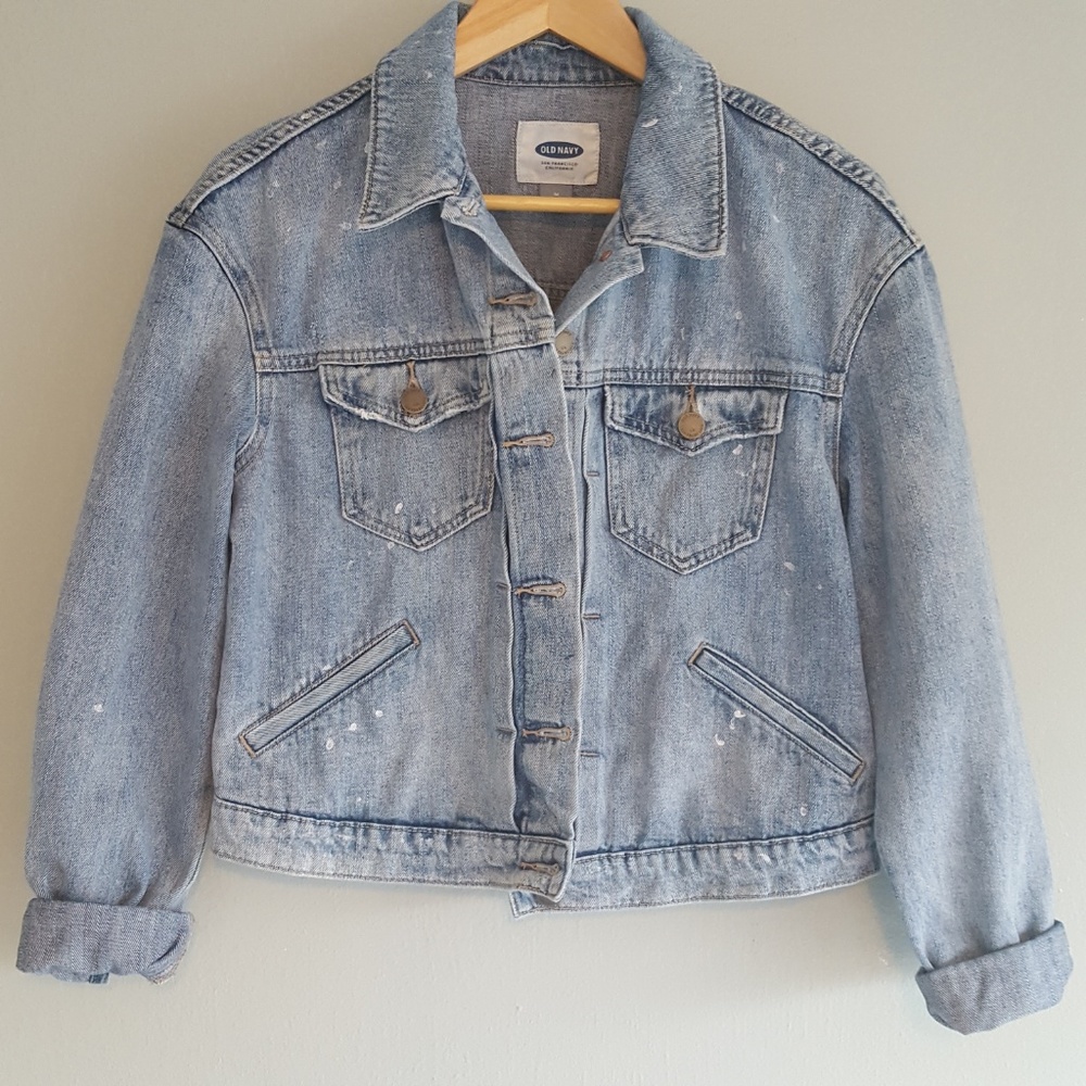Oversized Crop Jean Jacket Paint Splatter